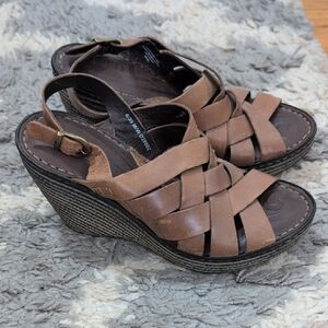 Born Brown Leather Wedge Sandals with Braided Straps, Size 8